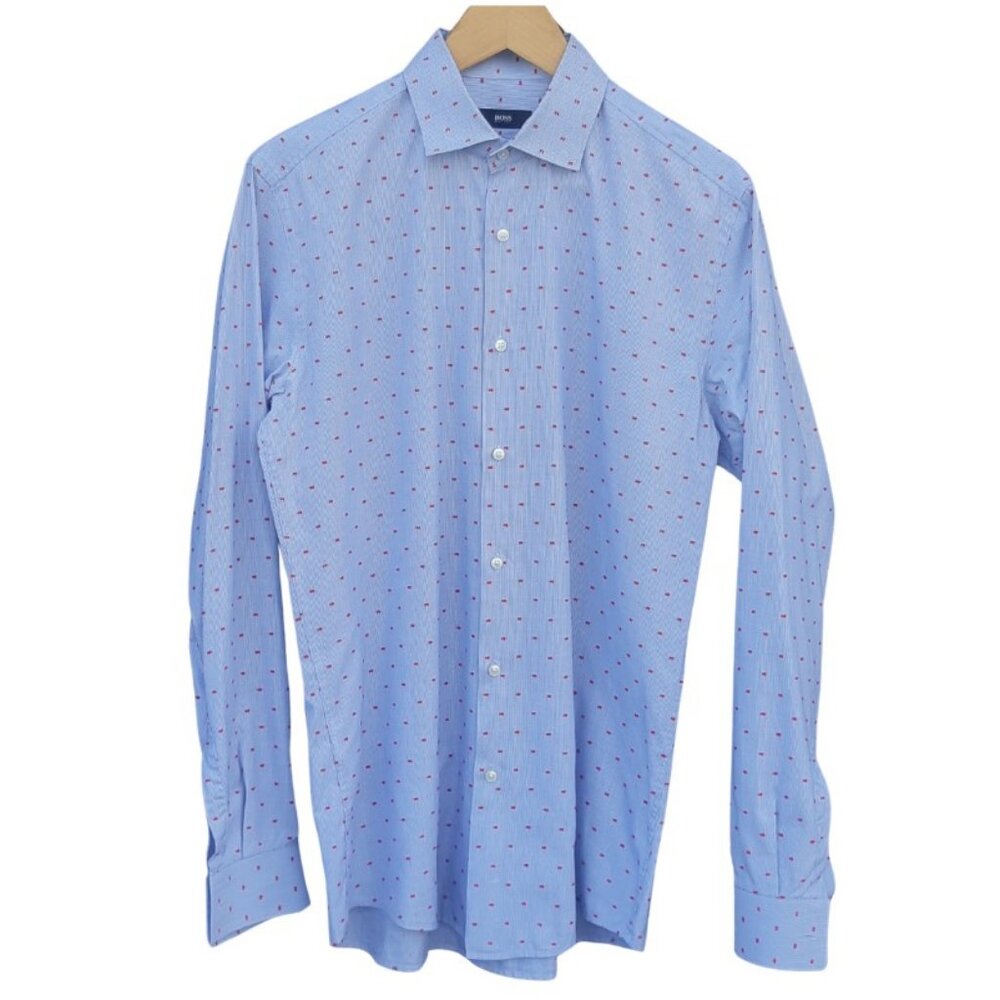 Hugo Boss SZ 15.5 Blue & White Striped Men's Shirt with Raised Red Stitching